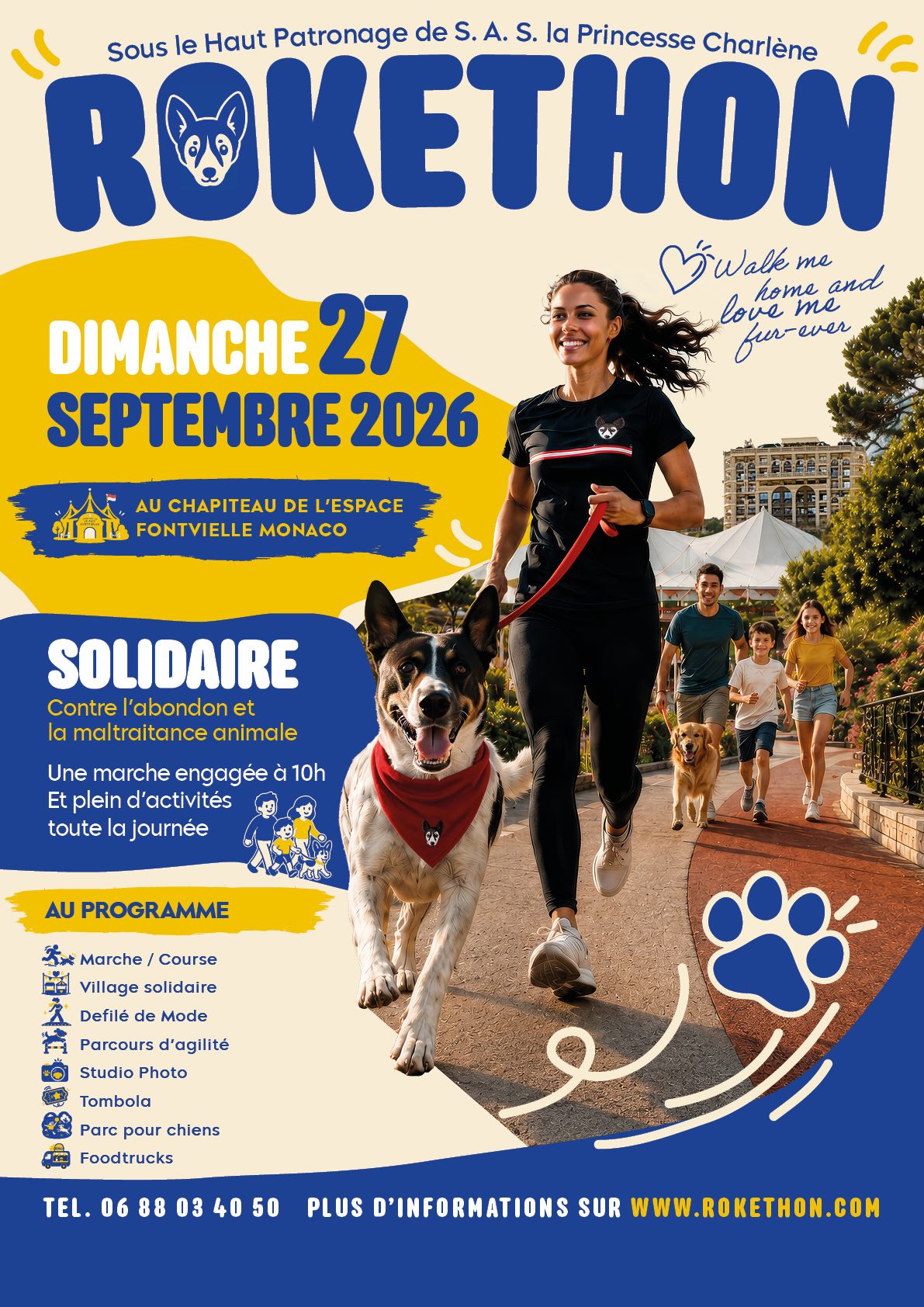 Affiche Rokethon Monaco 2026 avec une participante courant avec son chien à Fontvieille